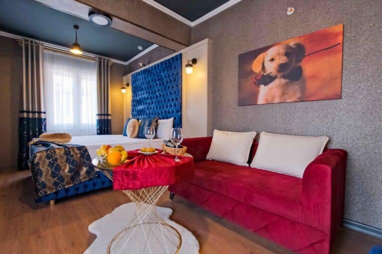 Standart odada kırmızı koltuk takımı ve oturma alanı